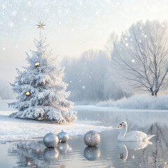 A serene winter Christmas tree swan on calm lake soft light falling