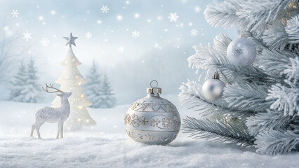 A magical snowy scene with elegant deer and delicate ornaments softly