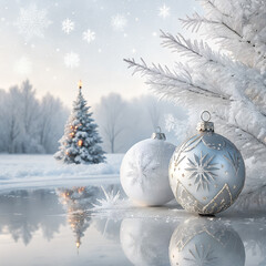 Magical winter holiday scene with sparkling ornaments and a frosted