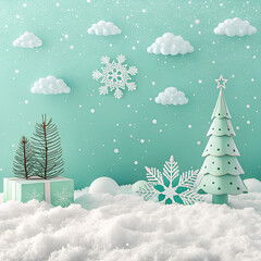 A pastel winter scene with whimsical Christmas decorations radiating peaceful holiday joy Mint green