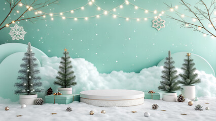 A magical winter holiday product display with Christmas trees and gifts on snow soft mint background