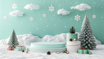 A whimsical winter holiday display stage adorned with snowy trees and gifts ready for festive