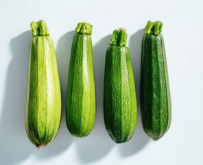 Fresh green zucchini vegetables in line on a white surface.