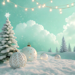 A magical holiday wonderland with frosted Christmas trees and elegant ornaments sparkling under