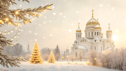 Majestic white church golden domes shines softly through falling snow