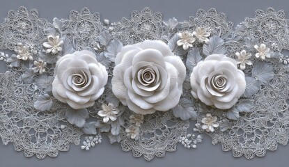 Elegant white roses with delicate floral and lace design.