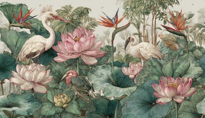 Beautiful Watercolor Illustration of Birds, Lotus Flowers, and Vegetation