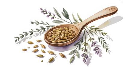 A delicate watercolor botanical illustration featuring a rustic wooden spoon filled with aromatic fennel seeds, with a few seeds scattered naturally around it. Soft sprigs of herbs and tiny purple
