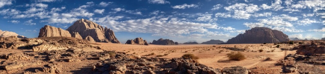 Panoramic view of a desert landscape with mountains and clouds.