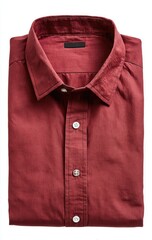 Folded red shirt with buttons, collar, and a clean white background.