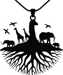 Tree shaped pendant, African wildlife silhouette, giraffe elephant rhino birds, savanna nature art, symbolic roots, eco jewelry design, tribal theme © Arafat World