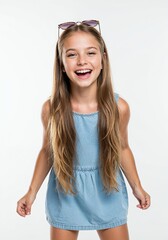 Beautiful Young Girl in Light Blue Denim Dress Smiling, Studio Portrait on White