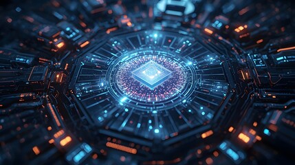 Central processing unit with glowing blue and orange light abstract technological background with intricate circuit patterns and digital connections visualization of data flow