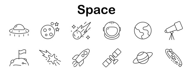 Space set icon. UFO, moon, comet, astronaut helmet, Earth, telescope, crater, shooting star, rocket, satellite, Saturn, solar system arranged in outline icon style.