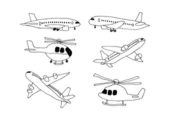 飛行機とヘリコプターの手描きイラストセット
