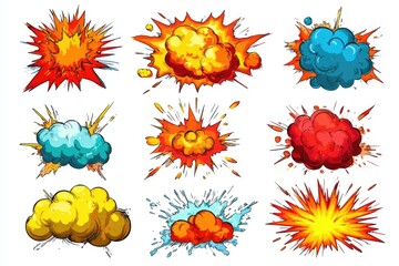 Nine cartoon explosions, varied in color, style, and intensity, are displayed on a white background