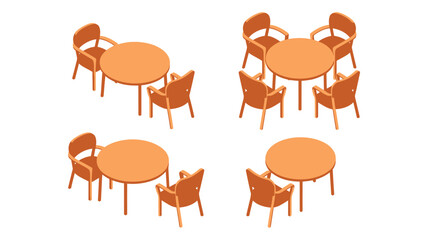 Isometric Set of Wooden Tables and Chairs, Cafe Furniture Arrangements with Round Dining Tables, Restaurant and Outdoor Seating Vector Illustration