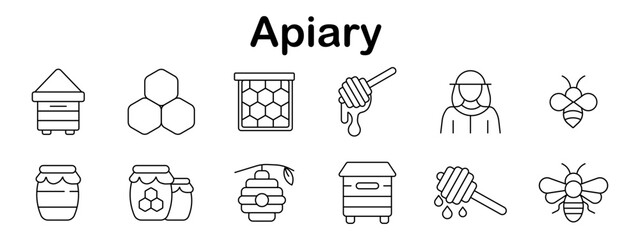 Apiary set icon. Beehive, honeycomb, honey jar, dripping dipper, beekeeper, bee, hanging hive, labeled jars outlined in clean linear honey production theme.