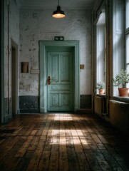 Obraz premium A long empty hallway with a wooden door at the end