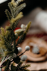 Moody winter close up with fir branches, soft light and rustic holiday details. Cozy Christmas atmosphere and calm seasonal mood.