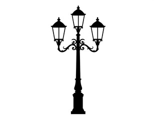 Obraz premium Black silhouette of an ornate, three-light street lamp on a white background