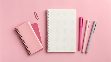 Bright pink workspace with notebooks and pens arranged neatly on a clean surface for study and writing tasks