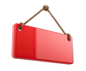 Blank red rectangular sign hanging by a rope ready for custom message isolated on transparent background