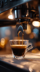Fototapeta premium Fresh espresso flowing from a coffee machine into a glass cup in a cozy café setting. 