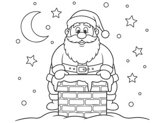 Santa Claus sitting on a chimney with a crescent moon and stars in the background, ready for Christmas.