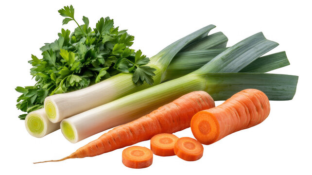 Sliced carrots and leeks with parsley vegetables isolated on a transparent background