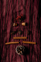 Creative Christmas tree made from cinnamon sticks, star anise and pine cone on dark red textile. Minimal festive flat lay with natural spices.
