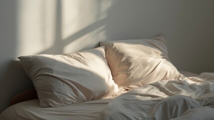 Soft light on a bed with pillows and blankets during Valentine's Day morning