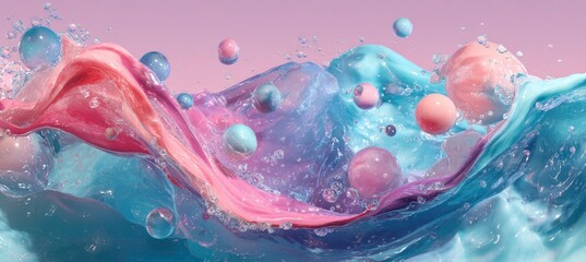 Abstract Colorful Waves With Floating Spheres And Splashes