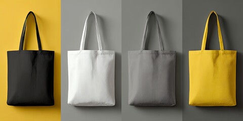 Four Tote Bags, Different Colors, Presented on Diverse Backgrounds