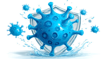 Blue Microbe with Glass Shield and Water Splashes. Antivirus Concept, Medical Security.