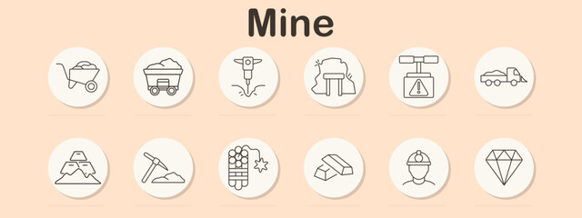 Mine set icon. Wheelbarrow, cart, drill, tunnel, scale, dump truck, mountains, pickaxe, dynamite, gold bars, miner, diamond. © Кирилл Макаров