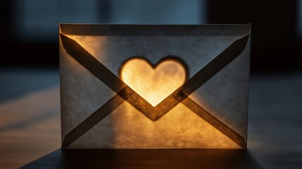 Lighting shines through an envelope on Valentine's Day casting a heart shadow on the surface