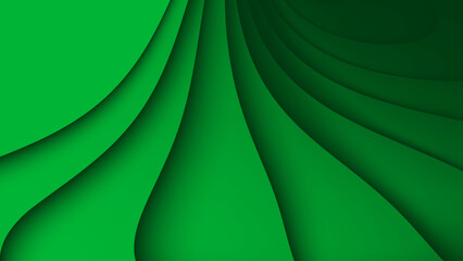 Green abstract background with 3D wavy texture and gradient shadows, dynamic curved shapes