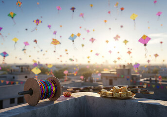 Vibrant Kite Festival Celebration on a Rooftop with Traditional Sweets and Sugarcane. AI Generated