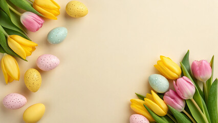 Obraz premium Colorful eggs and tulips arranged on a light background for spring celebration and decoration