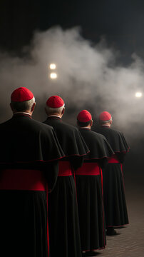 Group of Catholic cardinals standing in formation wearing red zucchettos in a solemn atmosphere.
