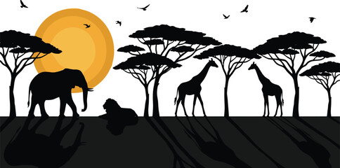 African savanna wildlife silhouettes at sunset, elephant giraffes lion acacia trees birds, dramatic safari landscape illustration for nature conservation themes © Mehedi