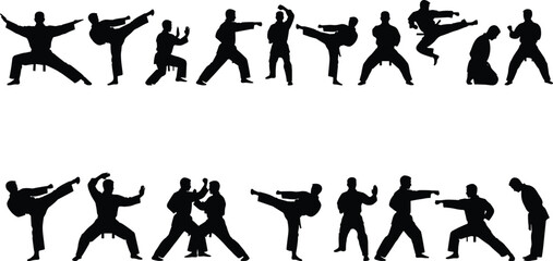 Martial arts fighter silhouettes set, karate taekwondo kung fu poses, combat training action, black isolated sport vector collection