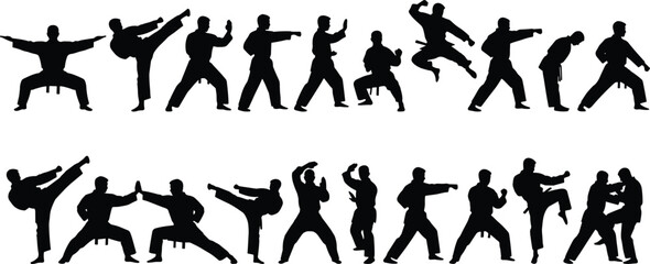 Martial arts action silhouettes, dynamic poses, combat movement, karate, taekwondo, jiu-jitsu, kickboxing, training, fighting techniques, strong martial artists, fight choreography.
