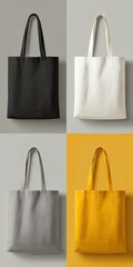 Four different color tote bags for shopping or carrying items.