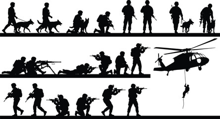 Military special forces silhouettes with K9 units, tactical formations, heavy weapons, helicopter insertion, modern combat mission illustration © Mehedi