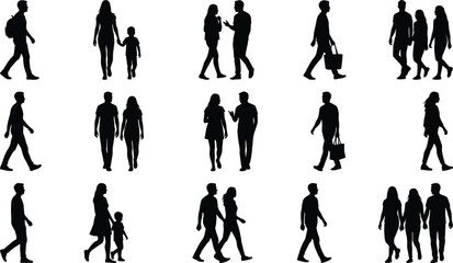 People silhouettes walking collection, men women couples families, urban lifestyle poses, black human figures, isolated crowd outline vector illustration design