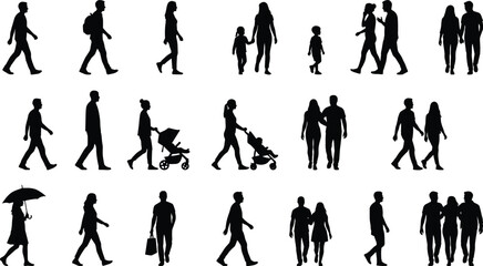 People silhouettes walking collection, men women families parents children urban lifestyle activities, black human figures isolated crowd outline vector illustration