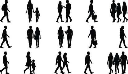 People silhouettes walking collection, men women couples families urban lifestyle poses black human figures isolated crowd outline vector illustration design