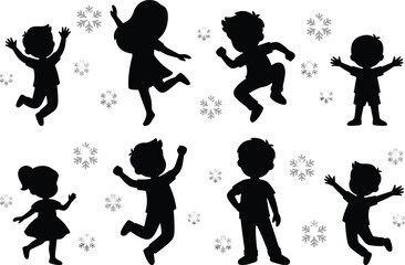 Winter kids jumping silhouettes with snowflakes showing playful children joy, holiday fun, childhood activity isolated on white background illustration design